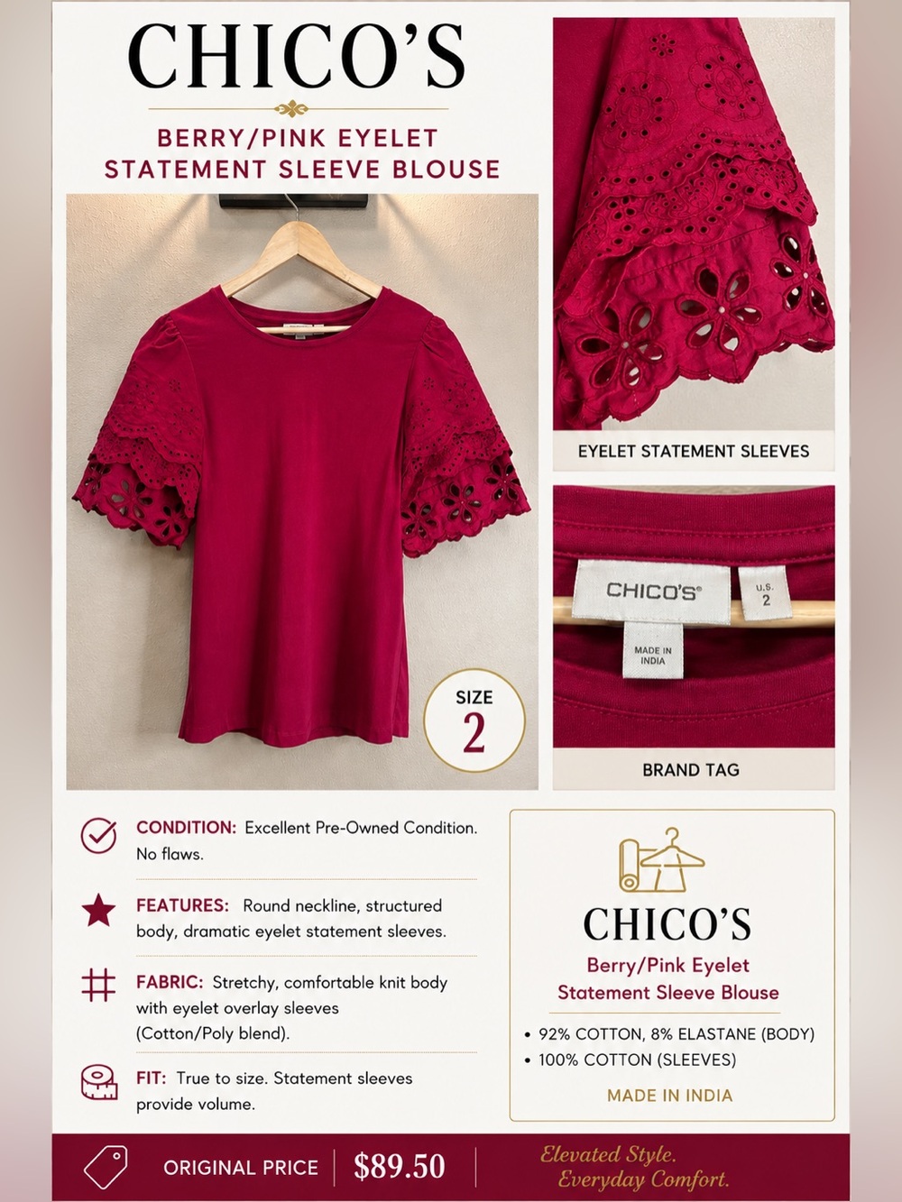 Chico's Deep Berry Eyelet Statement-Sleeve Top Size 2 (L)